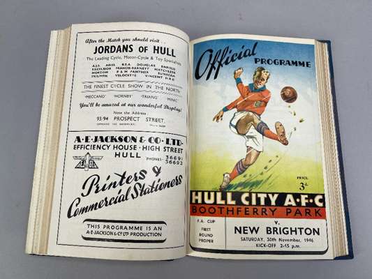 Bound volume of Hull City home match programmes, 1946-47 from Lincoln City, 31st August to New Brighton, 7th June 1947 including league, F.A.Cup and r