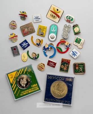 Selection of Summer and Winter Olympic Games commemorative enamelled lapel badges,
 from 1964 Tokyo, 1980 Moscow, 1980 Lake Placid, 1984 Sarajevo, 198