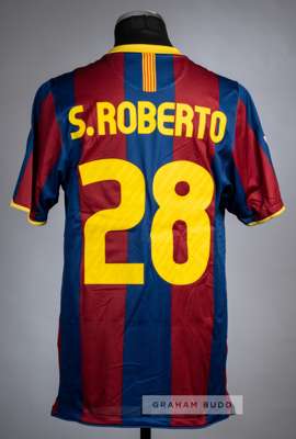 Sergi Roberto red & blue striped FC Barcelona No.28 home jersey, season 2010-11,
 Nike, short-sleeved with LFP and TV3 sleeve badges, club crest badge