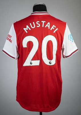 Shkodran Mustafi red Arsenal no.20 home jersey, season 2019-20,
 Adidas, short-sleeved with HEADS UP and VISIT RWANDA sleeve badges, club crest and sp