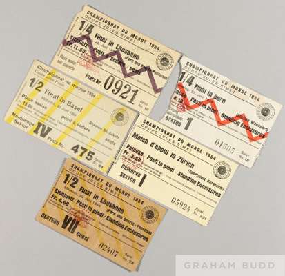 Five tickets from the 1954 World Cup in Switzerland, Brazil v Hungary 1/4 final