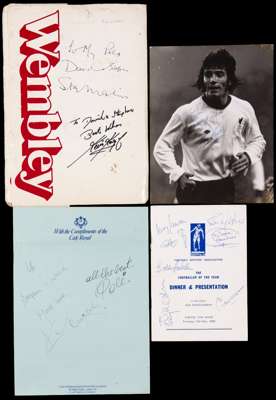 Football autographs, signed awards evening menus (often multi-signed), photos, Wembley brochures. sheets of paper etc., signatures including Pele, Mat