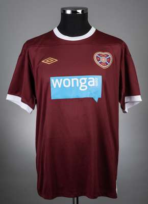 Andy Webster maroon No.6 Hearts v. Tottenham Hotspur match worn short-sleeved jersey 2011, 
 Umbro, L, with crew-neck collar and embroidered cloth bad