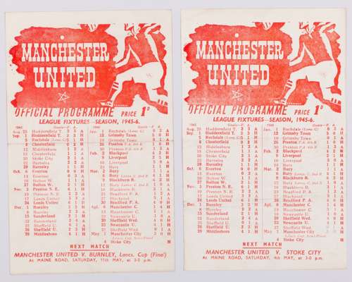 Two Manchester United single-sheet match programmes, 1945