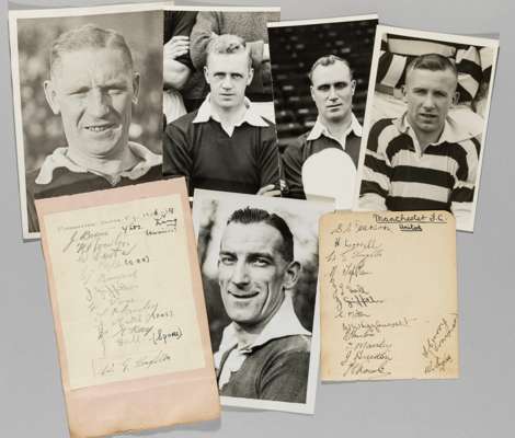Manchester United 1930s autographs,
 comprising to pages removed from albums, the first signed in pencil by the 1936-37 team, with later pen annotatio
