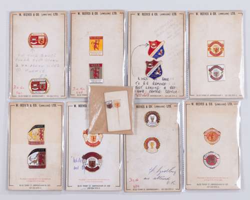 Nine rare Manchester United 1960/70s W.Reeves & Co artwork and badges