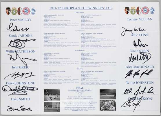Fully signed European Cup Winners' Cup Final Rangers v Moscow Dynamo card, played at Camp Nou Barcelona, 24th May 1972,
 featuring the match details l