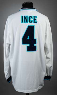 Paul Ince white, navy & blue England no.4 jersey UEFA Euro '96 jersey,
 tournament issued, Umbro, long-sleeved with UEFA EURO 1991 and FAIR PLAY sleev