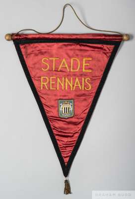 Official Stade Rennais maroon match pennant
 of triangular design, inscribed STADE RENNAIS and with embroidered badge, hanging bar and tassels to edge