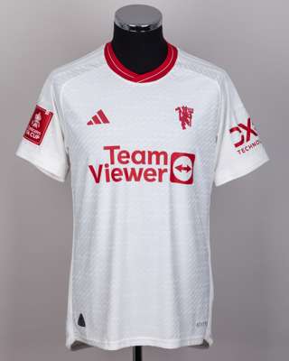 Rasmus Hojlund white and red No.11 Manchester United match issued short-sleeved shirt, 2024