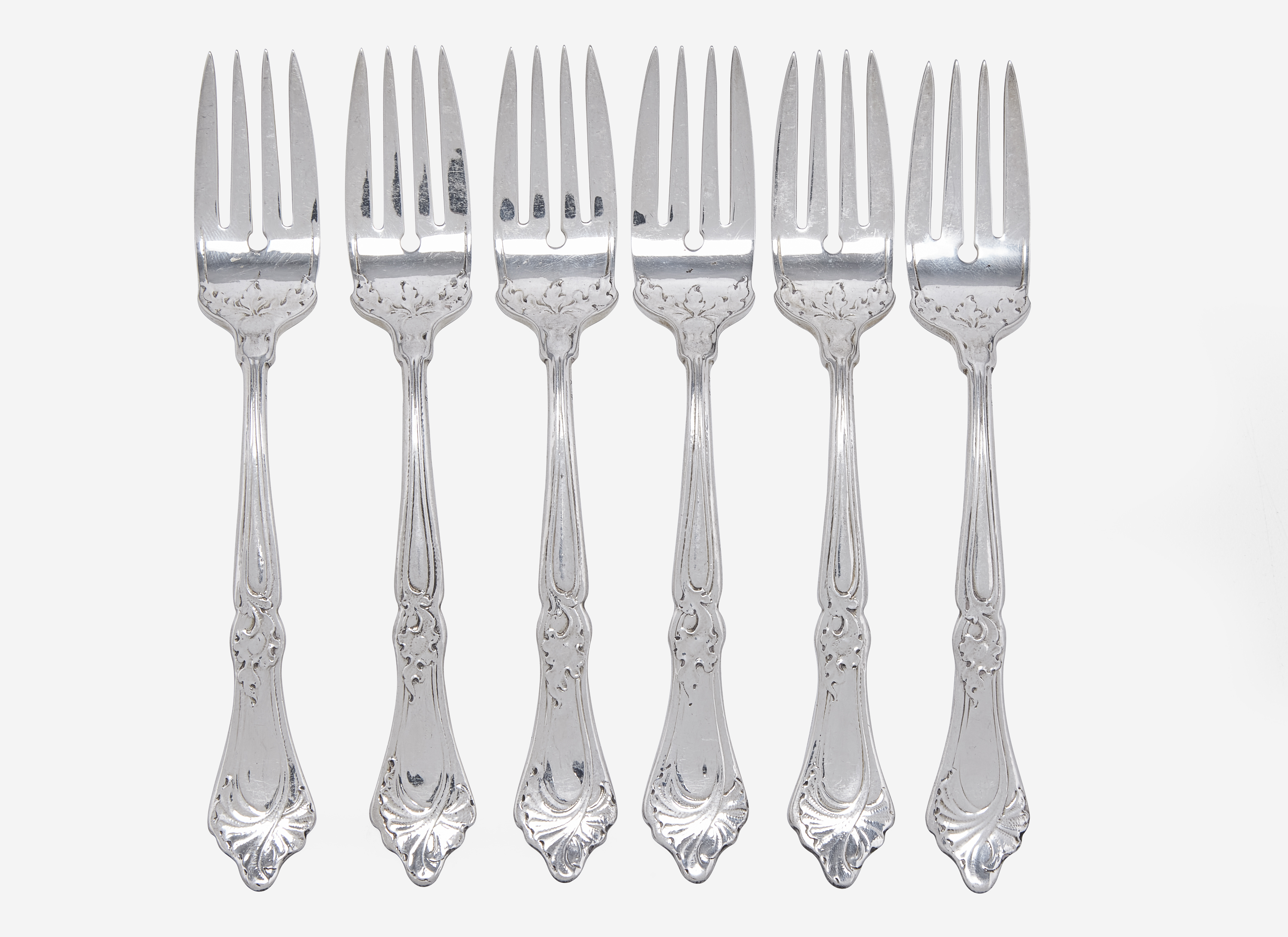A set of six Art Nouveau .9584 silver salad forks, Martelé, Gorham Mfg