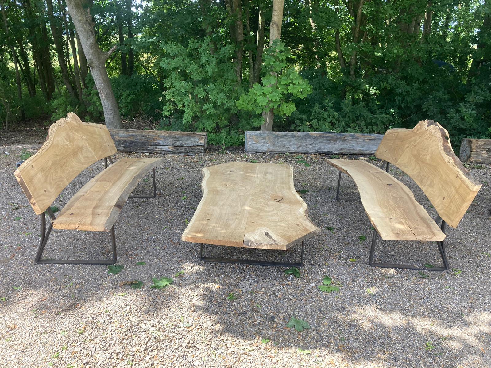 English Oak Slab Living Edge Wood Garden Patio Sets, Garden Benches & Garden Table, due to Stock Clearance | Loading & Shipping Available